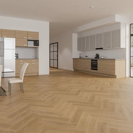 Ruskea kalanruotokuvioinen vinyylilankku keitti=C3=B6ss=C3=A4 Check On=
e Herringbone 2072H Alteno Oak - Vinyylilankut - 712072HM - 2