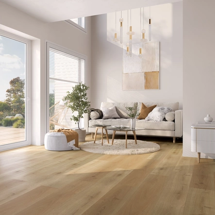 Vaaleanruskea tammikuvioinen vinyylikorkki olohuoneessa Ecoline Oak Jy=
lland - Vinyylikorkit - 60OakJyllandM - 2